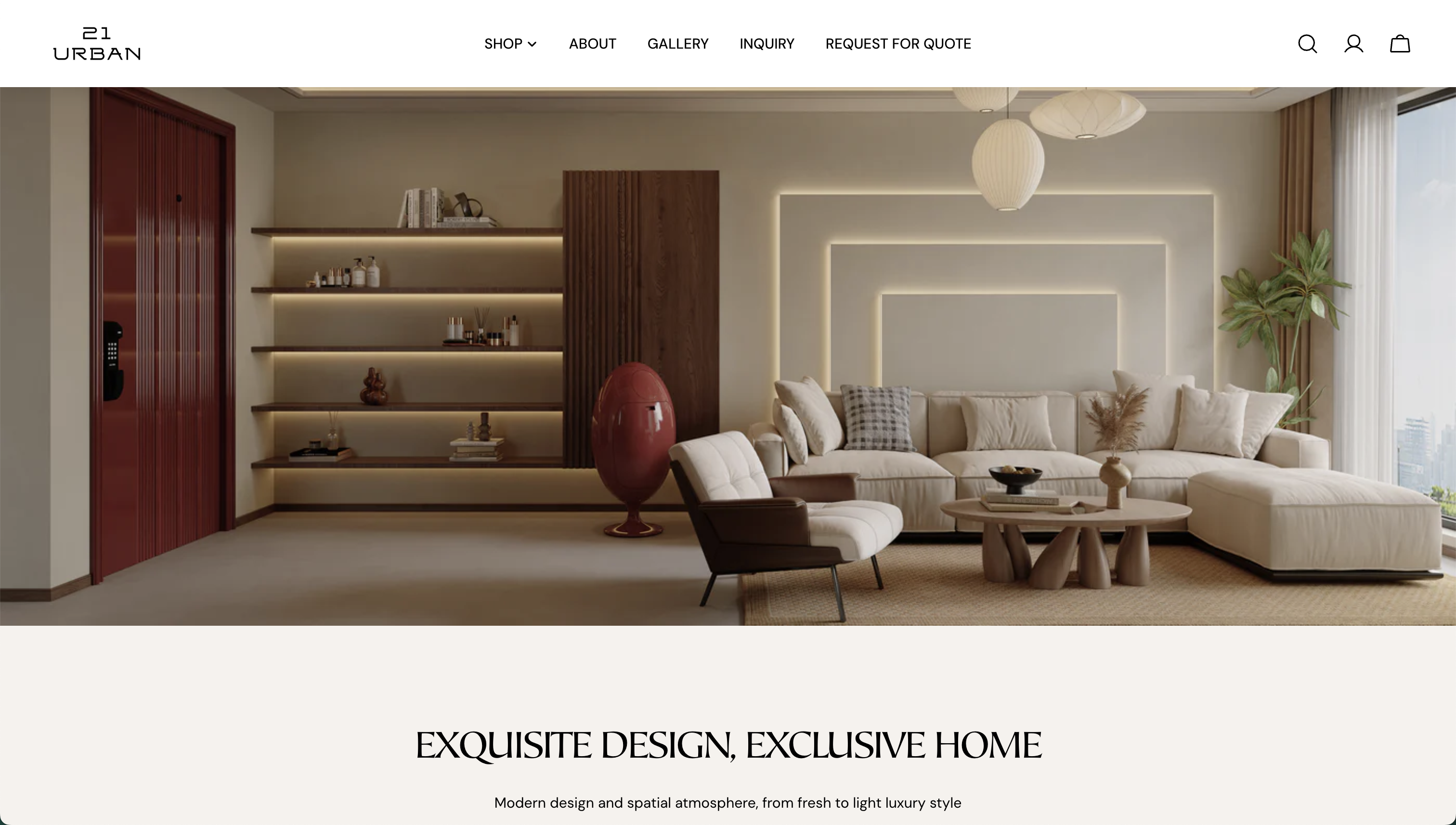 21 Urban homepage hero: warm living-room scene with the tagline Exquisite Design, Exclusive Home